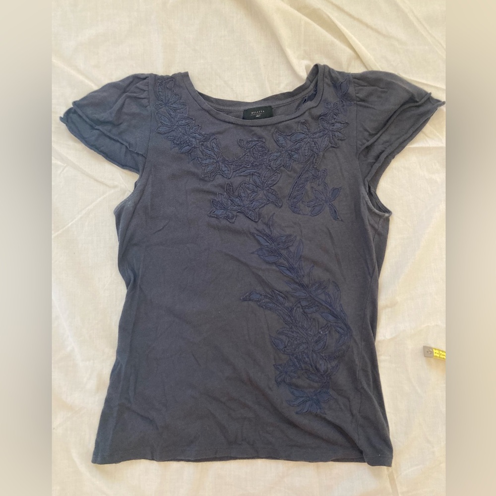 Slate Blue Embellished Deletta Anthropologie Cap Sleeve Top Size Small